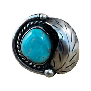 Vintage Blue Turquoise Leaf Ring, Sterling Silver Native American Ring Sz 4.5